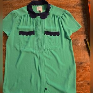 HD In Paris Anthropology Green Blouse With Blue Lace Detail Size 2